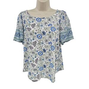 Lucky Brand Shirt Womens XL Blue White Floral Short Sleeve Boho Top Lightweight